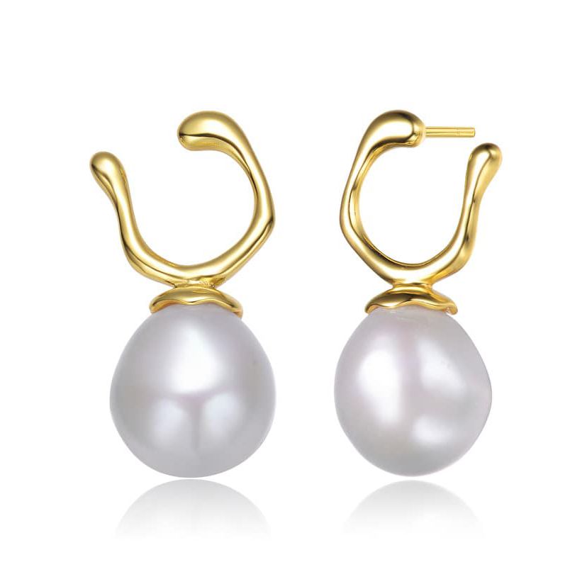 Lab Created Sterling Silver 14K Gold Plated with White Genuine Freshwater Pearl Hook Earrings