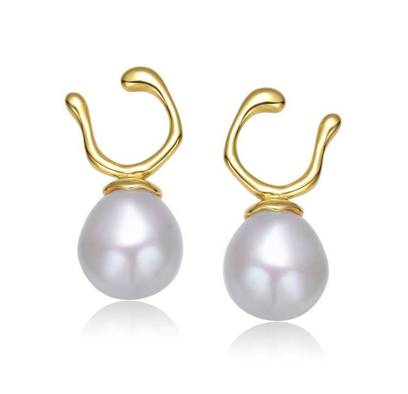 Lab Created Sterling Silver 14K Gold Plated with White Genuine Freshwater Pearl Hook Earrings
