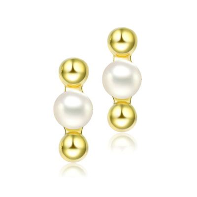 Rozzato Lab Created Sterling Silver 14K Gold Plated with 5.5MM Freshwater Pearls Ball Earrings
