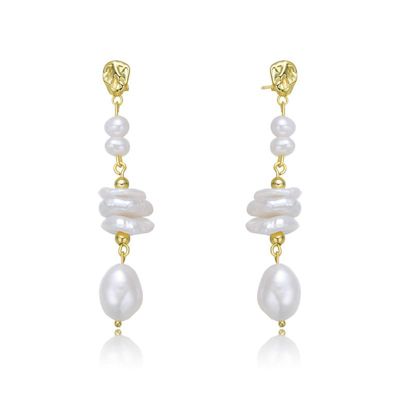 Rozzato Lab Created Sterling Silver 14K Gold Plating with White Genuine Freshwater Pearl Drop Earrings