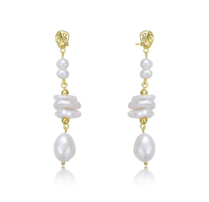 Lab Created Sterling Silver 14K Gold Plating with White Genuine Freshwater Pearl Drop Earrings