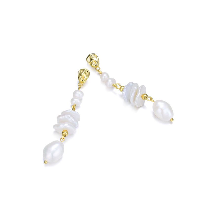 Lab Created Sterling Silver 14K Gold Plating with White Genuine Freshwater Pearl Drop Earrings