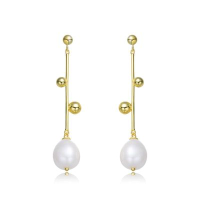 Rozzato Lab Created Sterling Silver 14K Gold Plated with White Genuine Freshwater Pearl Drop Earrings