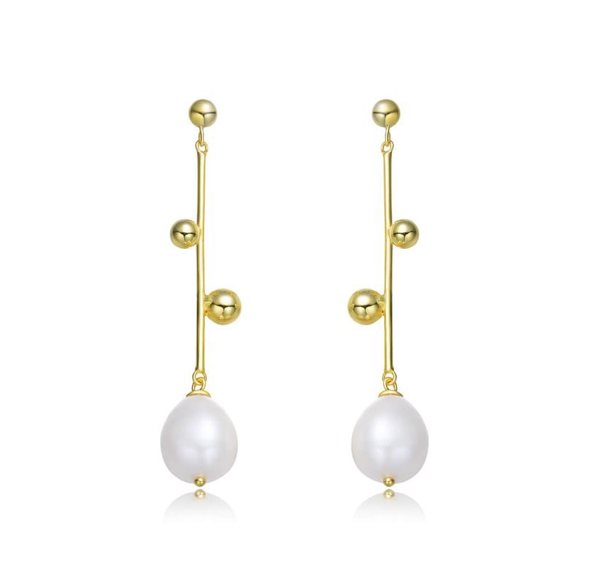 Lab Created Sterling Silver 14K Gold Plated with White Genuine Freshwater Pearl Drop Earrings