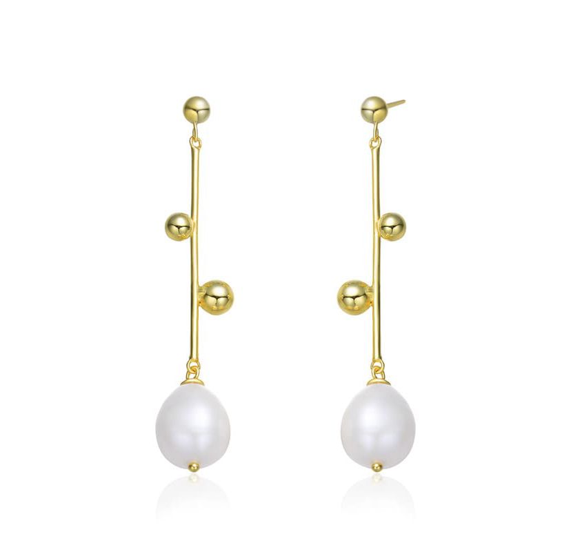 Lab Created Sterling Silver 14K Gold Plated with White Genuine Freshwater Pearl Drop Earrings