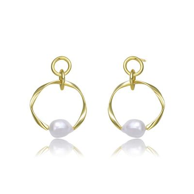 Rozzato Lab Created Sterling Silver 14K Gold Plating with White Genuine Freshwater Pearl Round Dangling Earrings