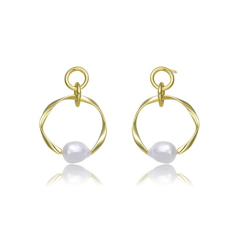 Lab Created Sterling Silver 14K Gold Plating with White Genuine Freshwater Pearl Round Dangling Earrings