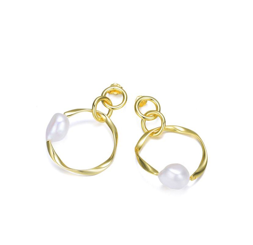 Lab Created Sterling Silver 14K Gold Plating with White Genuine Freshwater Pearl Round Dangling Earrings
