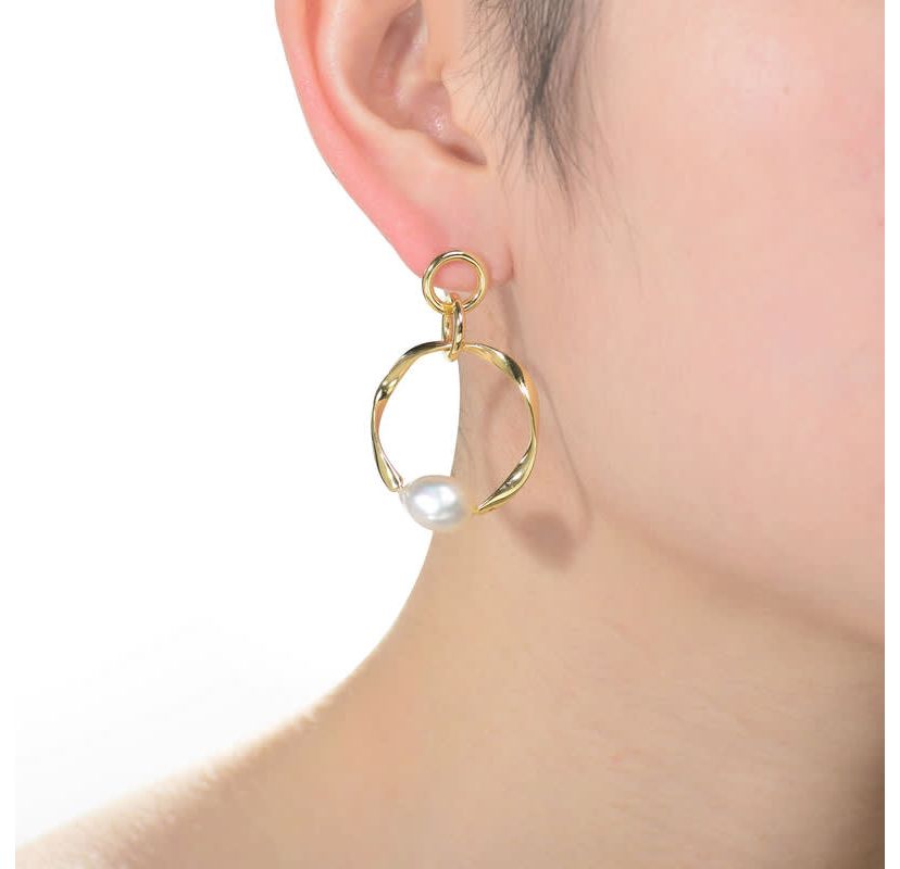 Lab Created Sterling Silver 14K Gold Plating with White Genuine Freshwater Pearl Round Dangling Earrings