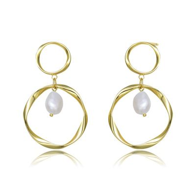 Rozzato Lab Created Sterling Silver 14K Gold Plated with White Genuine Freshwater Pearl Dangling Earrings