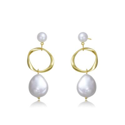 Rozzato Lab Created Sterling Silver 14K Gold Plating with White Genuine Freshwater Pearl Hoop Drop Earrings
