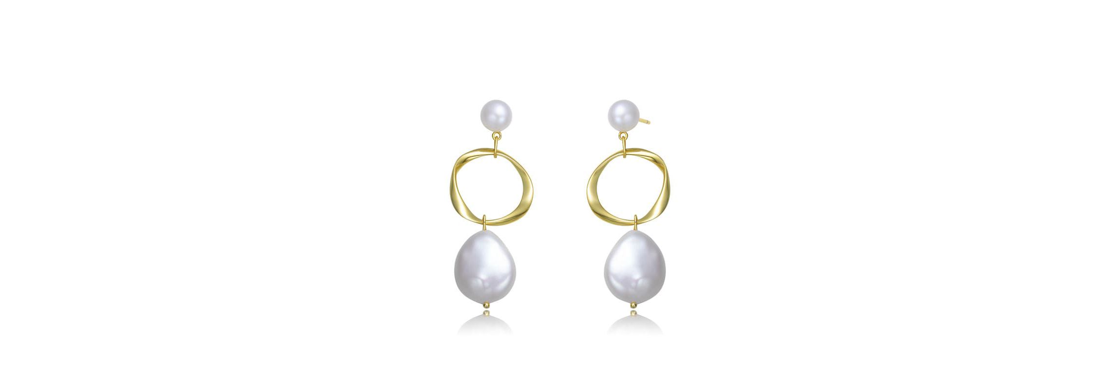 Lab Created Sterling Silver 14K Gold Plating with White Genuine Freshwater Pearl Hoop Drop Earrings