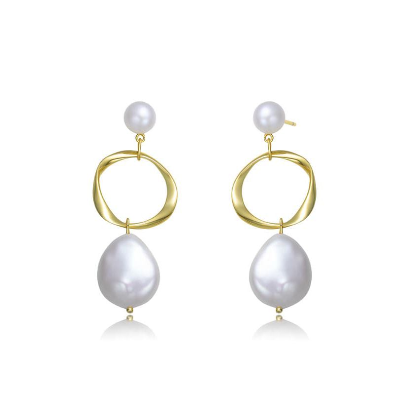 Lab Created Sterling Silver 14K Gold Plating with White Genuine Freshwater Pearl Hoop Drop Earrings