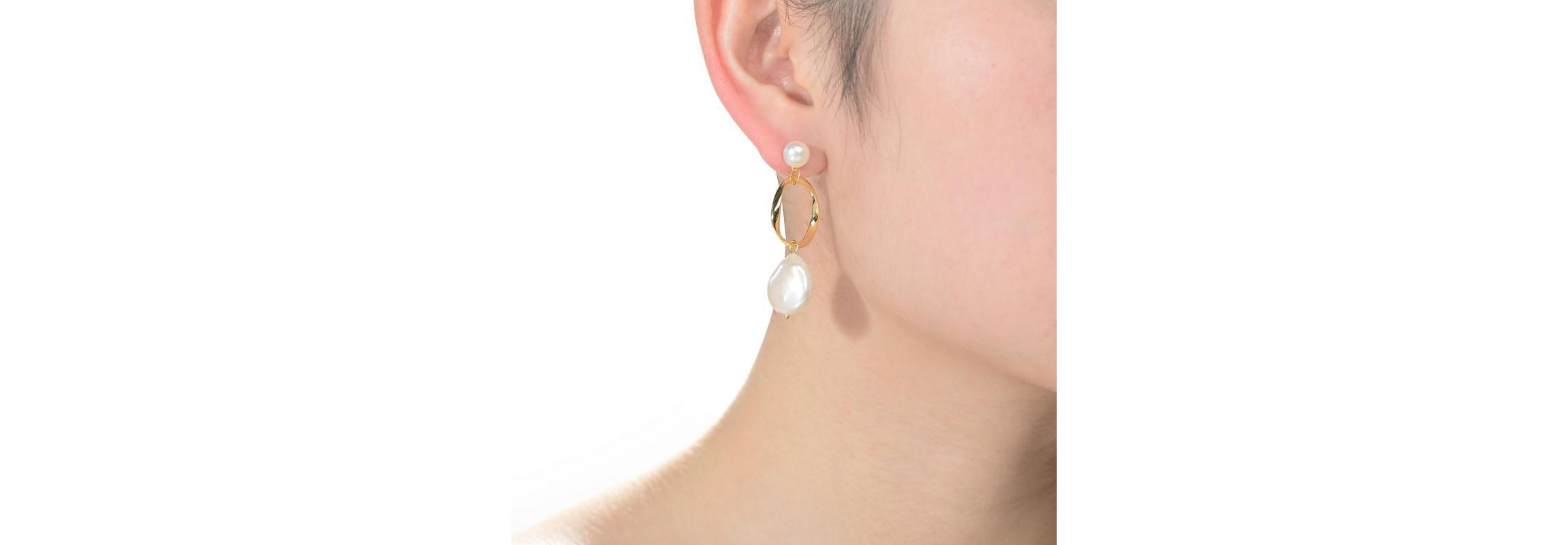 Lab Created Sterling Silver 14K Gold Plating with White Genuine Freshwater Pearl Hoop Drop Earrings