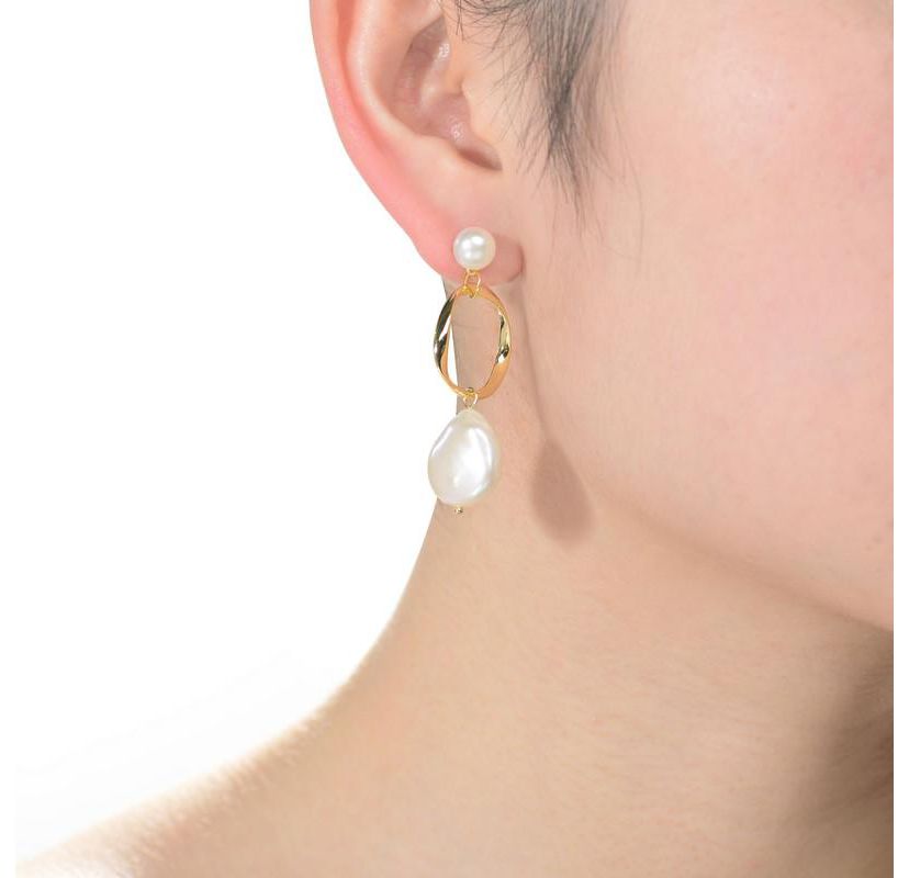 Lab Created Sterling Silver 14K Gold Plating with White Genuine Freshwater Pearl Hoop Drop Earrings
