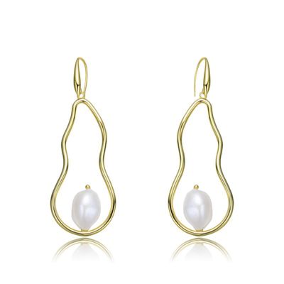 Rozzato Lab Created Sterling Silver 14K Gold Plated with White Genuine Freshwater Pearl Elongated Dangling Earrings