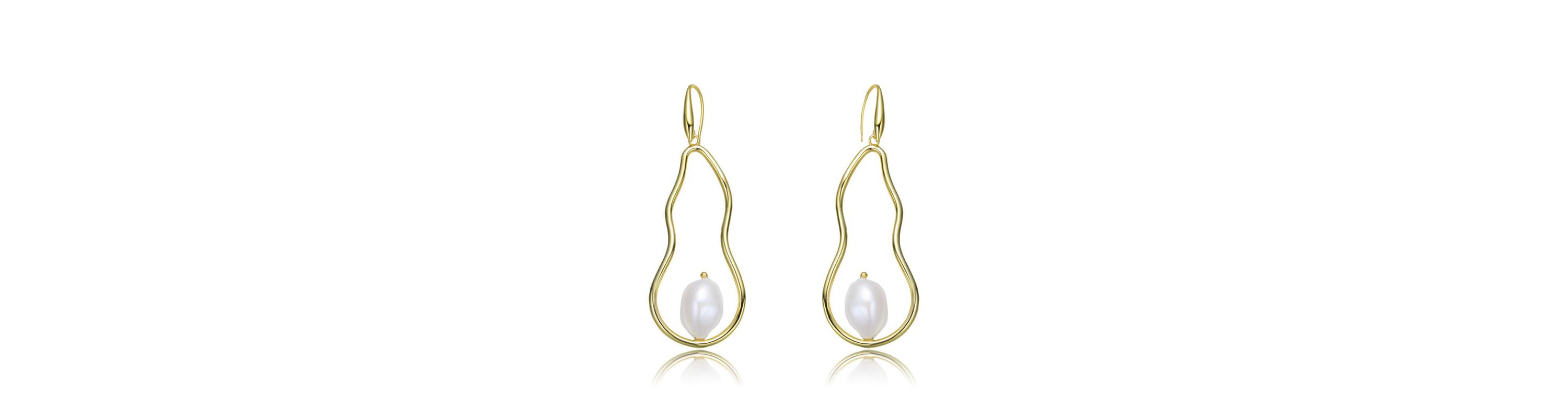 Lab Created Sterling Silver 14K Gold Plated with White Genuine Freshwater Pearl Elongated Dangling Earrings