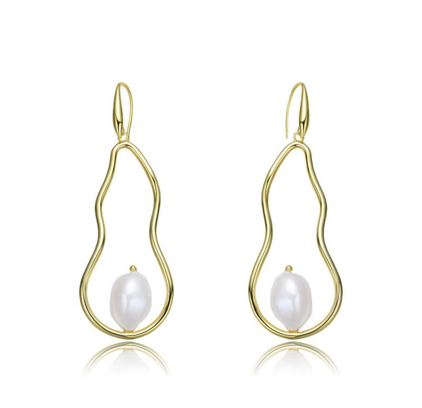 Lab Created Sterling Silver 14K Gold Plated with White Genuine Freshwater Pearl Elongated Dangling Earrings