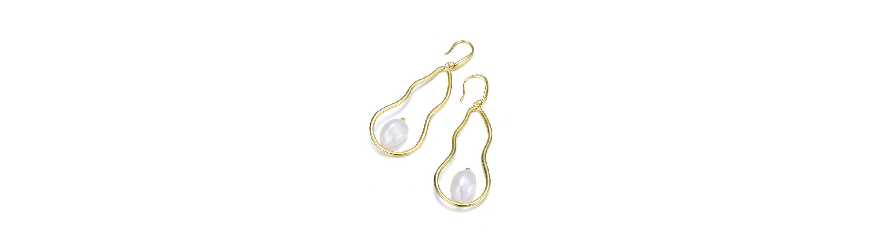 Lab Created Sterling Silver 14K Gold Plated with White Genuine Freshwater Pearl Elongated Dangling Earrings