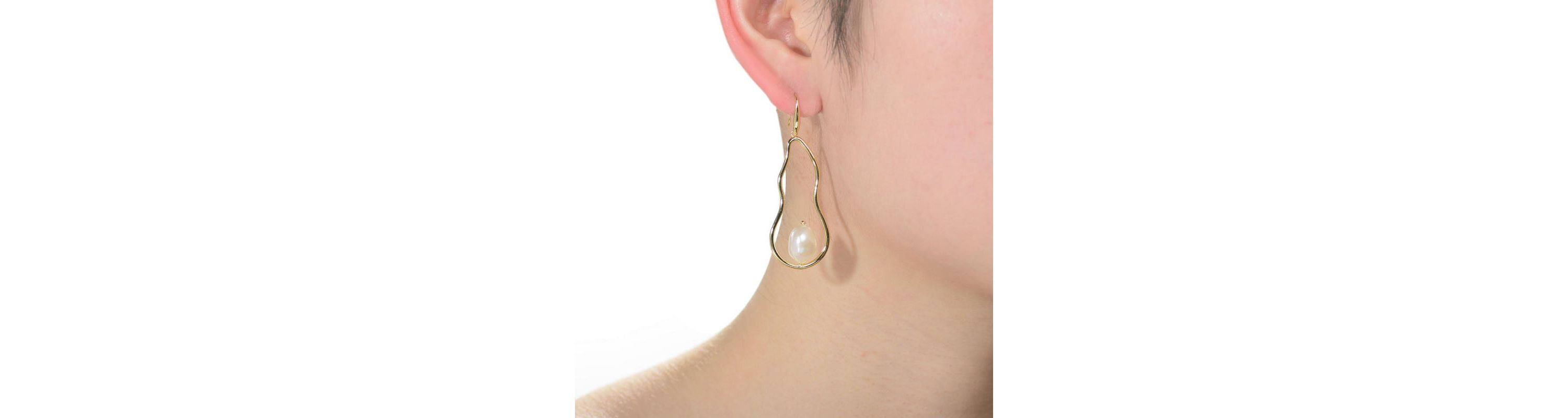 Lab Created Sterling Silver 14K Gold Plated with White Genuine Freshwater Pearl Elongated Dangling Earrings