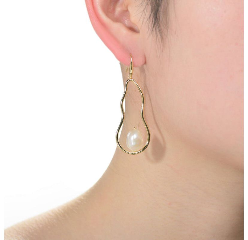 Lab Created Sterling Silver 14K Gold Plated with White Genuine Freshwater Pearl Elongated Dangling Earrings