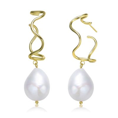 Rozzato Lab Created Sterling Silver 14K Gold Plated with White Genuine Freshwater Pearl Curvy Drop Earrings