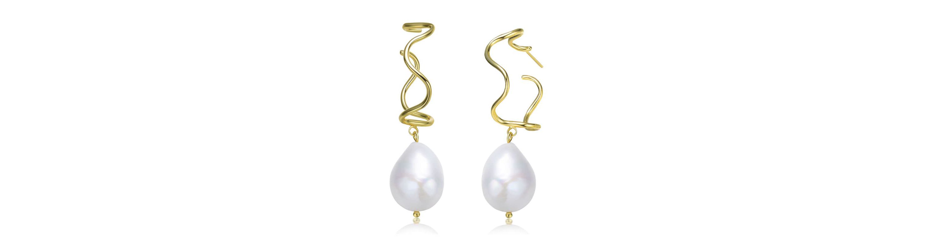Lab Created Sterling Silver 14K Gold Plated with White Genuine Freshwater Pearl Curvy Drop Earrings