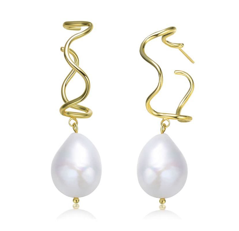 Lab Created Sterling Silver 14K Gold Plated with White Genuine Freshwater Pearl Curvy Drop Earrings