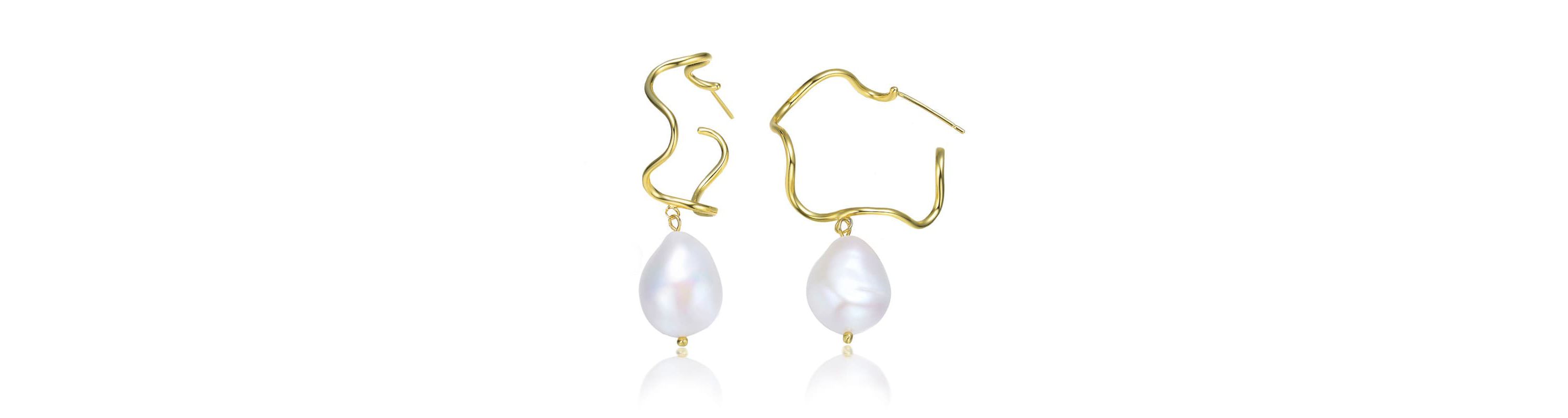 Lab Created Sterling Silver 14K Gold Plated with White Genuine Freshwater Pearl Curvy Drop Earrings