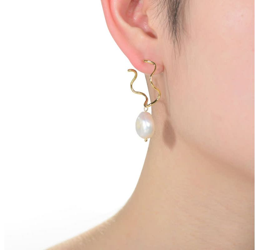 Lab Created Sterling Silver 14K Gold Plated with White Genuine Freshwater Pearl Curvy Drop Earrings