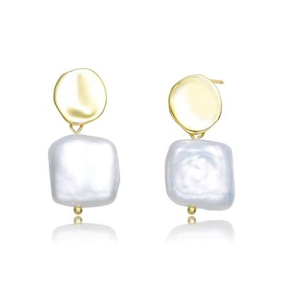 Rozzato Lab Created Sterling Silver 14K Gold Plating with White Genuine Freshwater Pearl Dangling Earrings