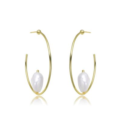 Rozzato Lab Created Sterling Silver 14K Gold Plating with White Genuine Freshwater Pearl Hoop Earrings