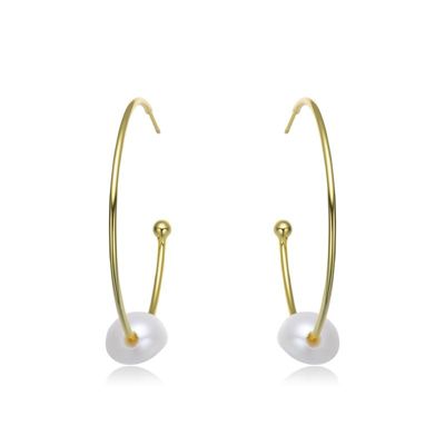Rozzato Lab Created Sterling Silver 14K Gold Plating with White Genuine Freshwater Pearl Round Open Hoop Earrings