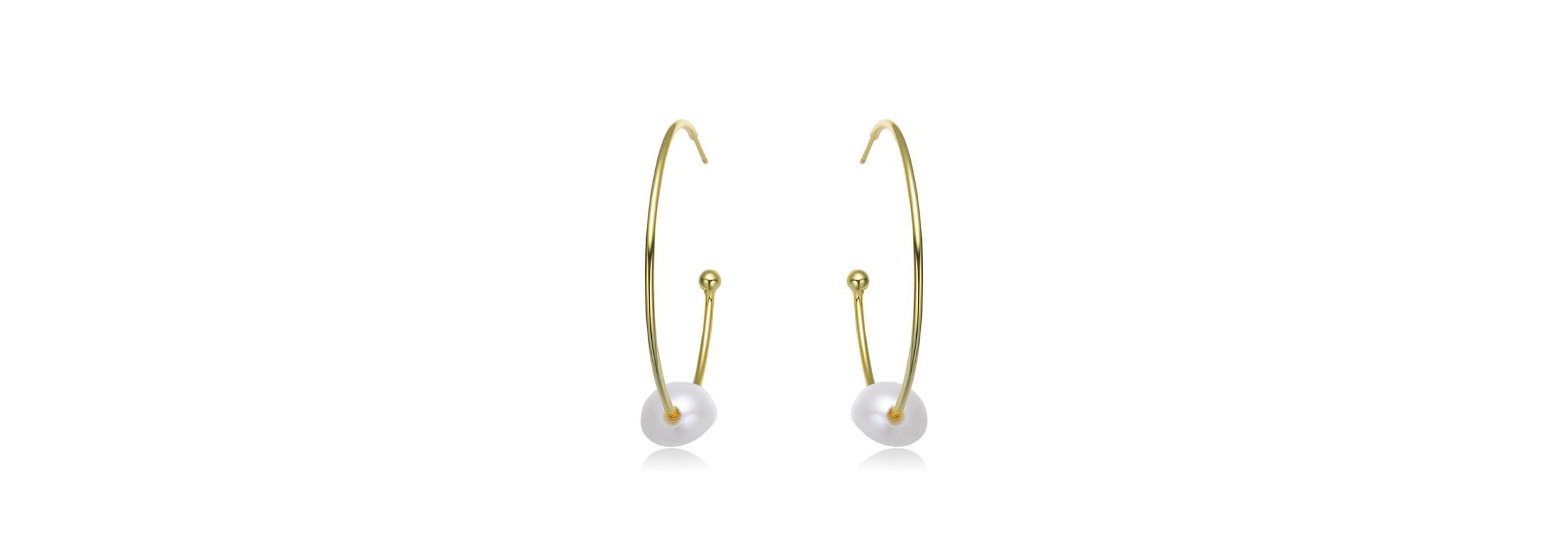 Lab Created Sterling Silver 14K Gold Plating with White Genuine Freshwater Pearl Round Open Hoop Earrings