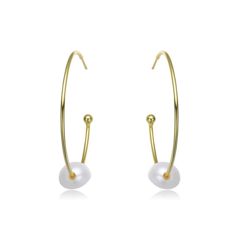 Lab Created Sterling Silver 14K Gold Plating with White Genuine Freshwater Pearl Round Open Hoop Earrings