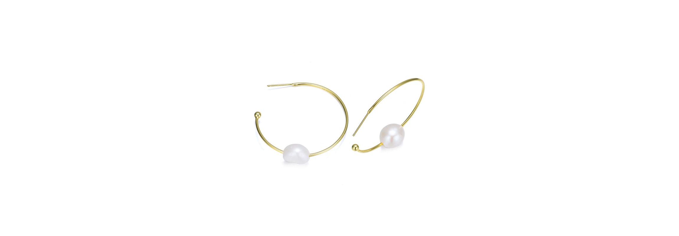 Lab Created Sterling Silver 14K Gold Plating with White Genuine Freshwater Pearl Round Open Hoop Earrings