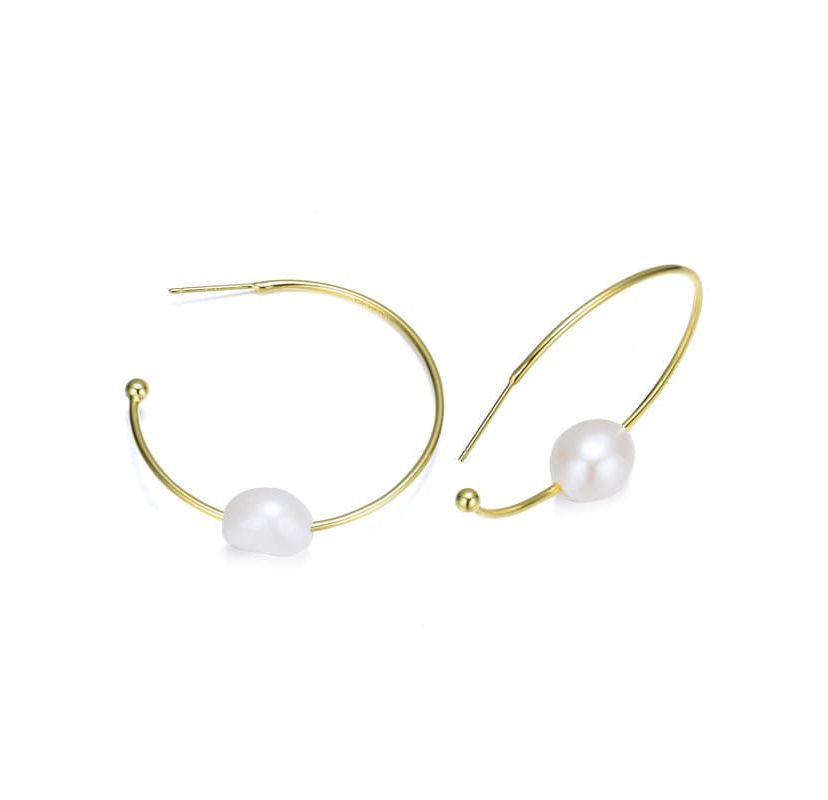 Lab Created Sterling Silver 14K Gold Plating with White Genuine Freshwater Pearl Round Open Hoop Earrings
