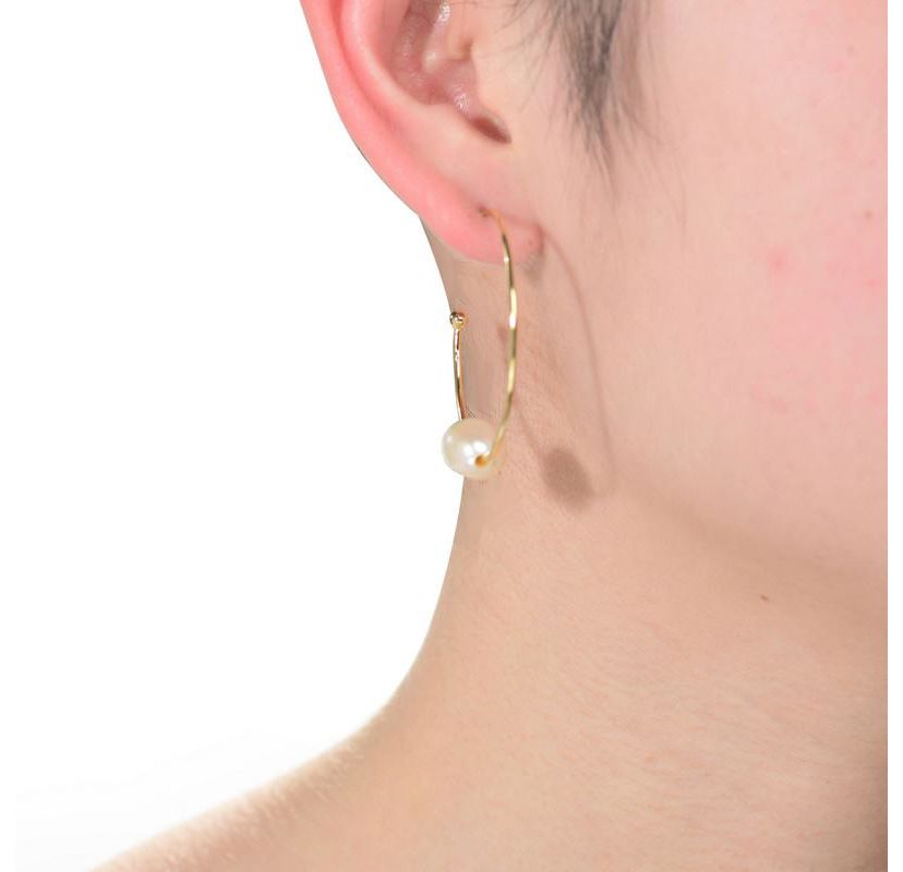 Lab Created Sterling Silver 14K Gold Plating with White Genuine Freshwater Pearl Round Open Hoop Earrings