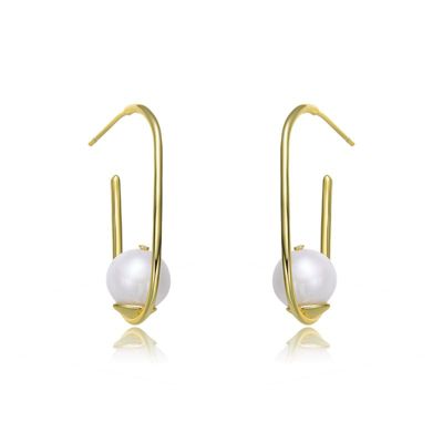 Rozzato Lab Created Sterling Silver 14K Gold Plating with White Genuine Freshwater Pearl Square Hoop Earrings