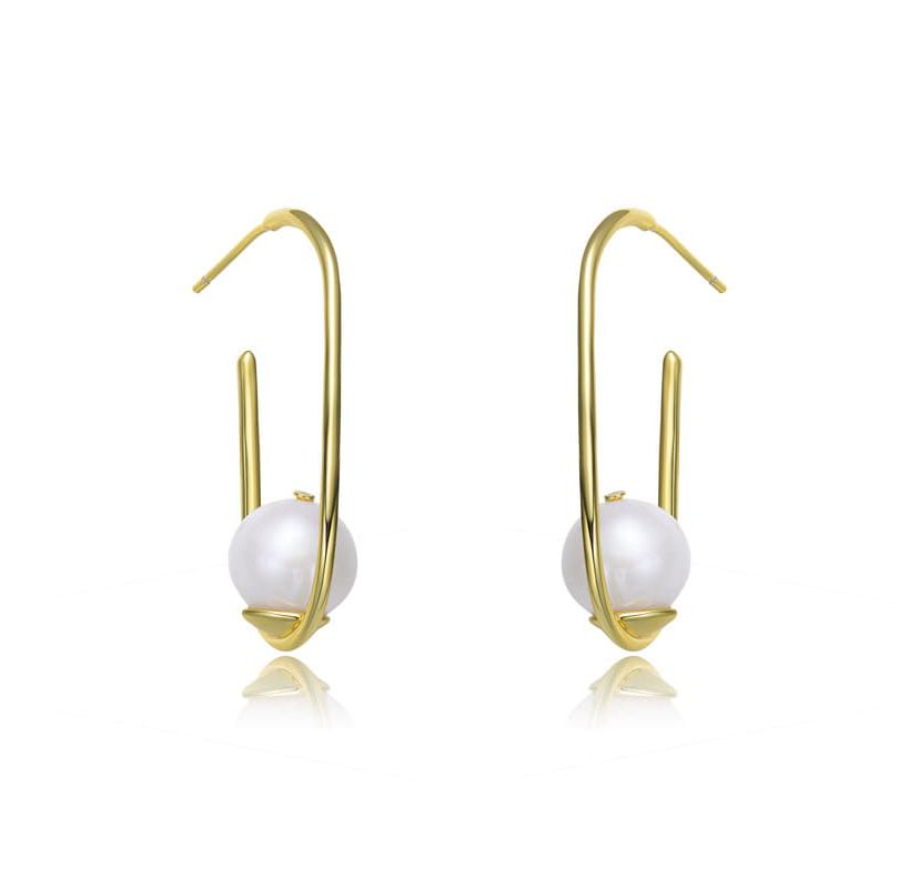 Lab Created Sterling Silver 14K Gold Plating with White Genuine Freshwater Pearl Square Hoop Earrings