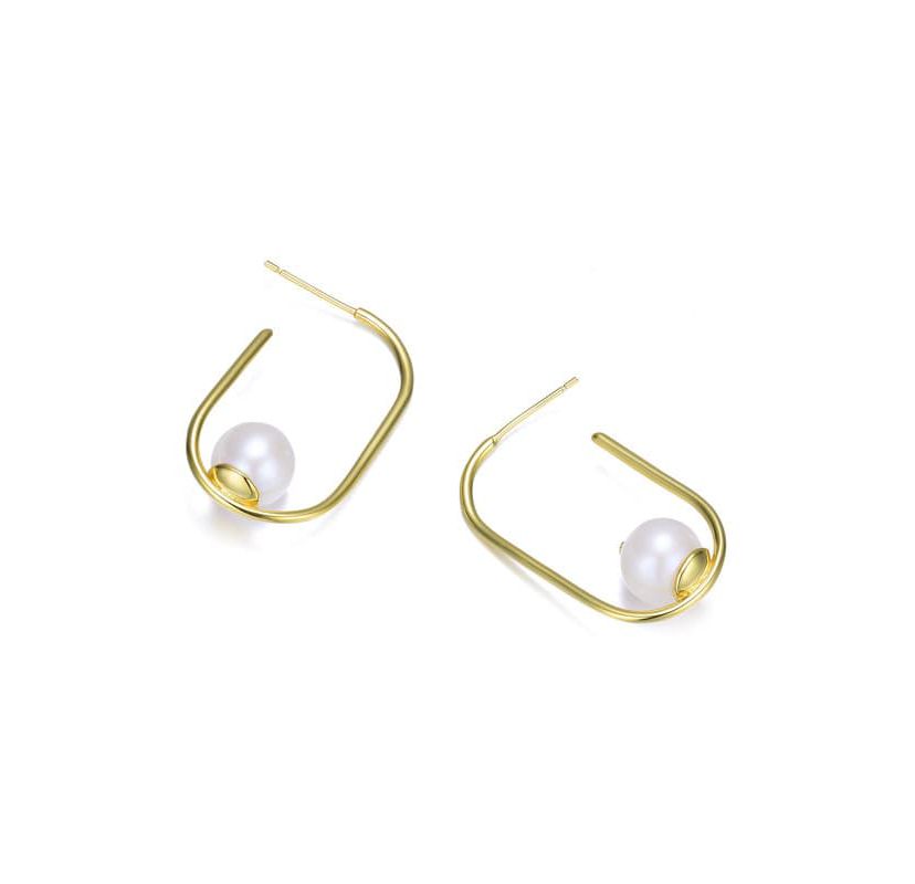 Lab Created Sterling Silver 14K Gold Plating with White Genuine Freshwater Pearl Square Hoop Earrings
