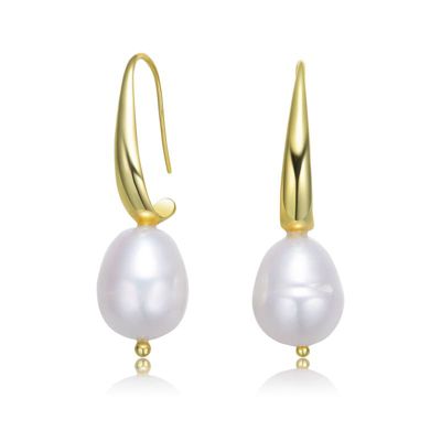Rozzato Lab Created Sterling Silver 14K Gold Plating with White Genuine Freshwater Pearl Dangling Earrings