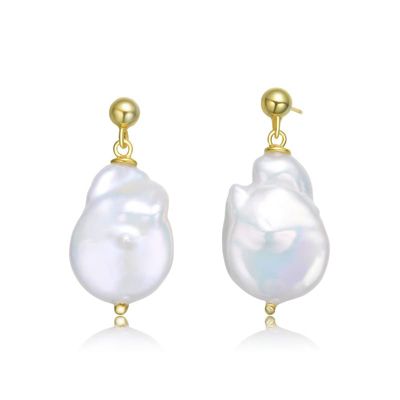Rozzato Lab Created Sterling Silver 14K Gold Plating with White Genuine Freshwater Pearl Dangling Earrings
