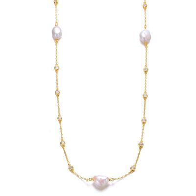 Rozzato Lab Created Sterling Silver 14K Gold Plated with White Freshwater Pearl Bead Station Necklace