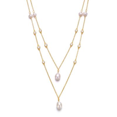 Rozzato Lab Created Sterling Silver 14K Gold Plated with Freshwater Pearl Layered Necklace
