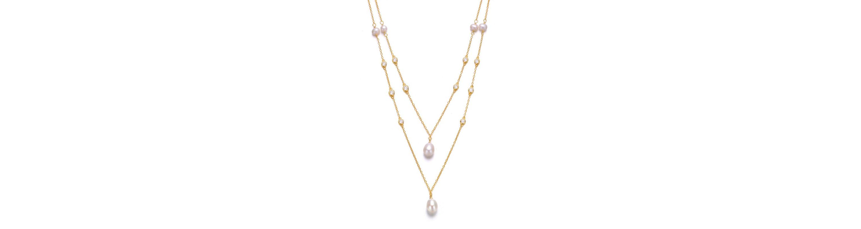 Lab Created Sterling Silver 14K Gold Plated with Freshwater Pearl Layered Necklace