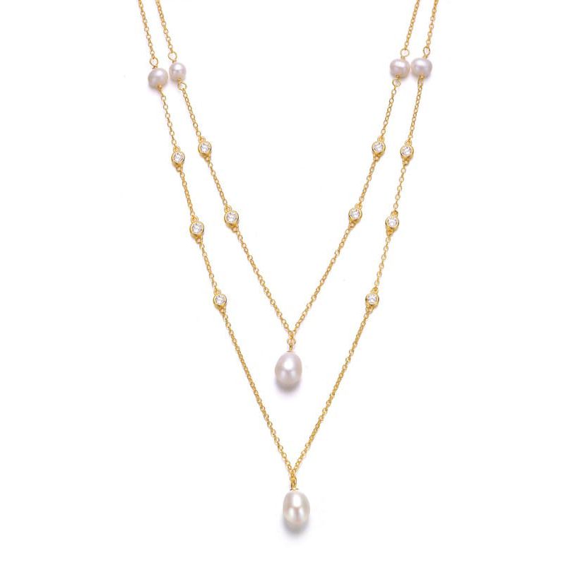 Lab Created Sterling Silver 14K Gold Plated with Freshwater Pearl Layered Necklace