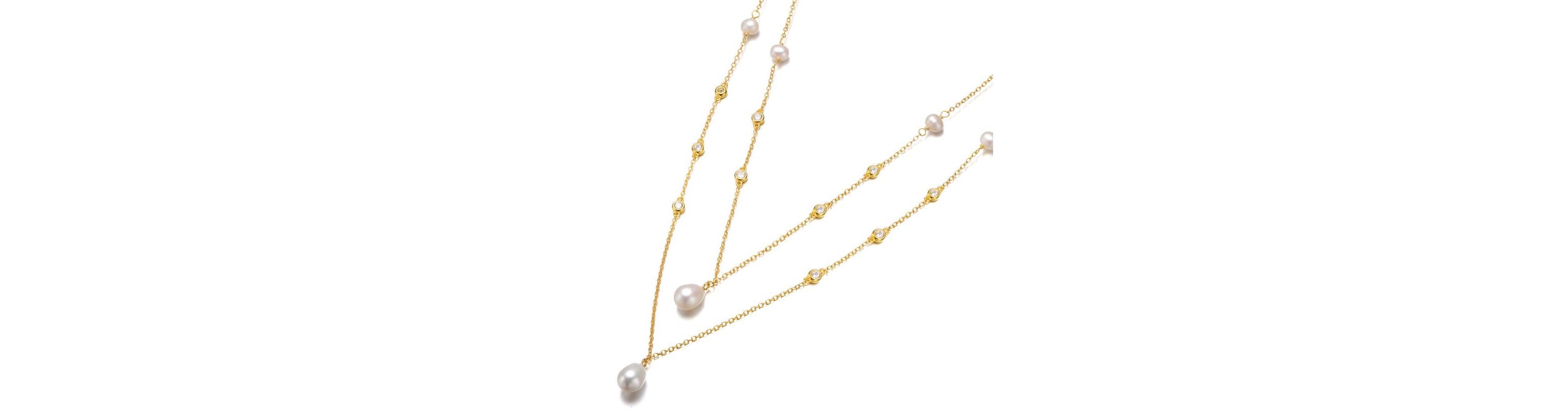 Lab Created Sterling Silver 14K Gold Plated with Freshwater Pearl Layered Necklace