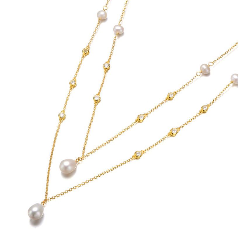 Lab Created Sterling Silver 14K Gold Plated with Freshwater Pearl Layered Necklace