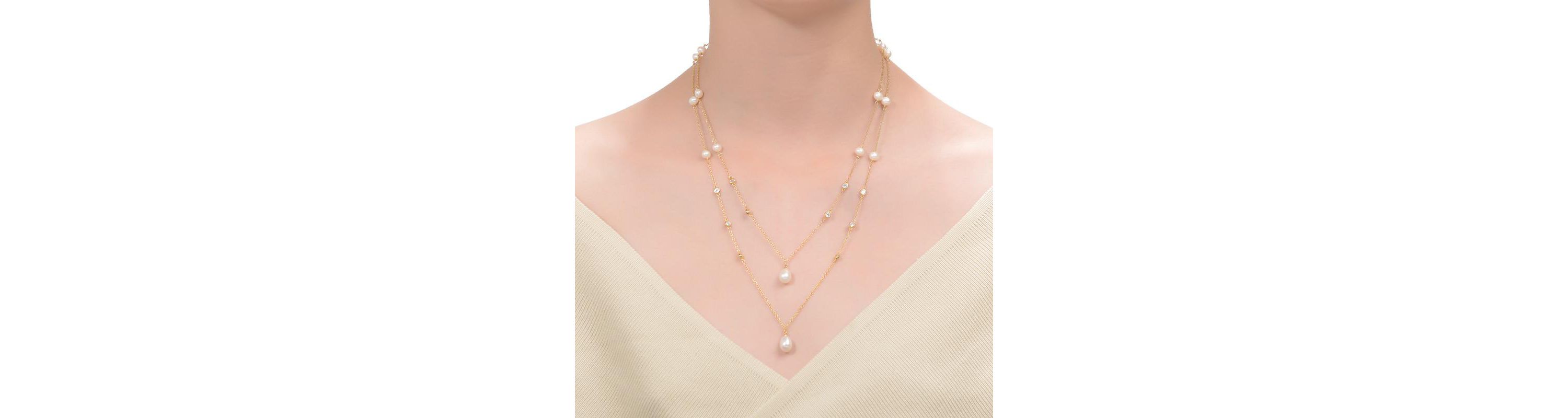 Lab Created Sterling Silver 14K Gold Plated with Freshwater Pearl Layered Necklace